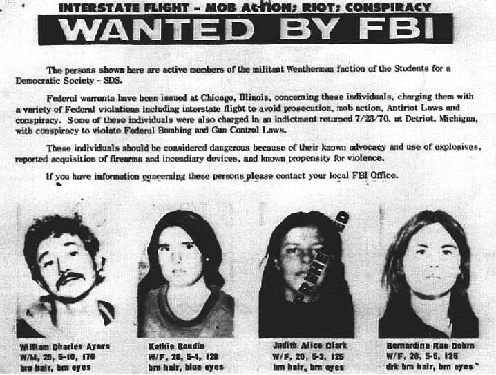 A photocopied FBI wanted poster headed WANTED BY FBI, with four black and white mug shots of one man and three women beneath a block of typed text, each portrait captioned with a name, age, height and weight.